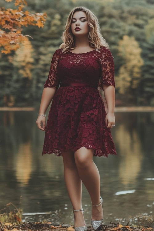 a plus size woman wears a burgundy lace mini wedding guest dress with silver heels