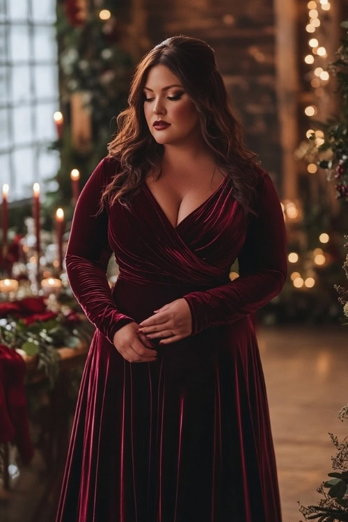 a plus size woman wears a burgundy velvet wedding guest dress with long sleeves