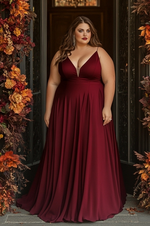 a plus size woman wears a burgundy wedding guest dress with a plunging neckline