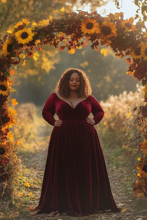 a plus size woman wears a burgundy wedding guest dress with long sleeves