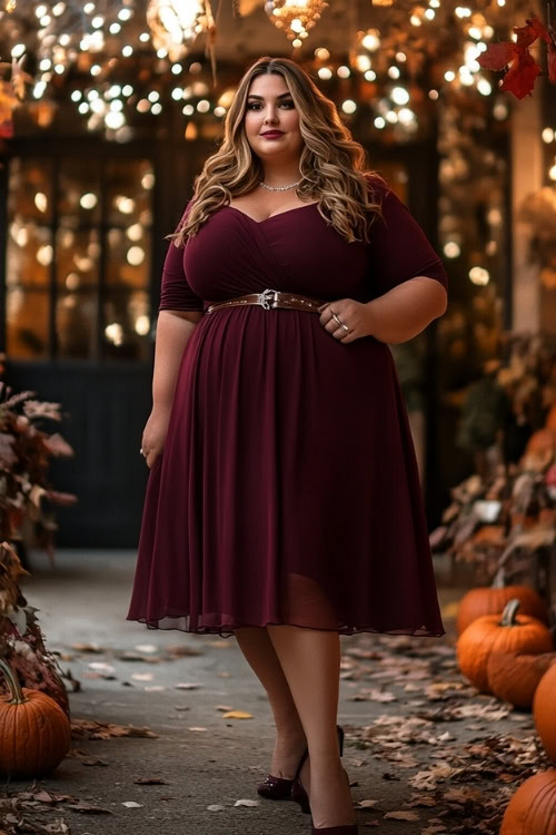 a plus size woman wears a burgundy wedding guest dress with short sleeves