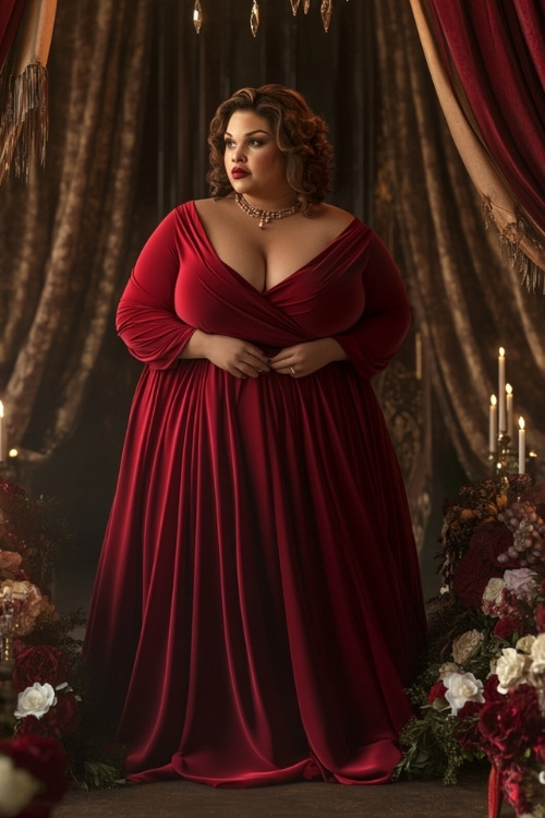 a plus size woman wears a burgundy wrap style wedding guest dress with long sleeves