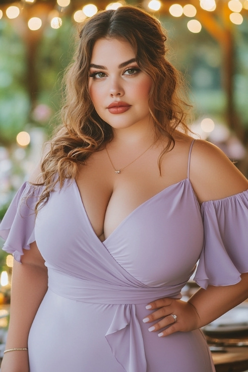 a plus size woman wears a cold shoulder lavender wedding guest dress