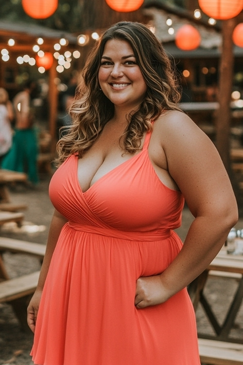 a plus size woman wears a coral wrap-style wedding guest dress with thin straps