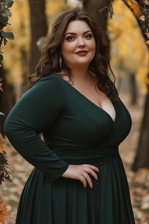 a plus size woman wears a dark green wedding guest dress with a V neckline