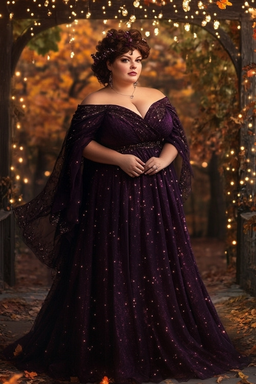 a plus size woman wears a dark purple wedding guest dress