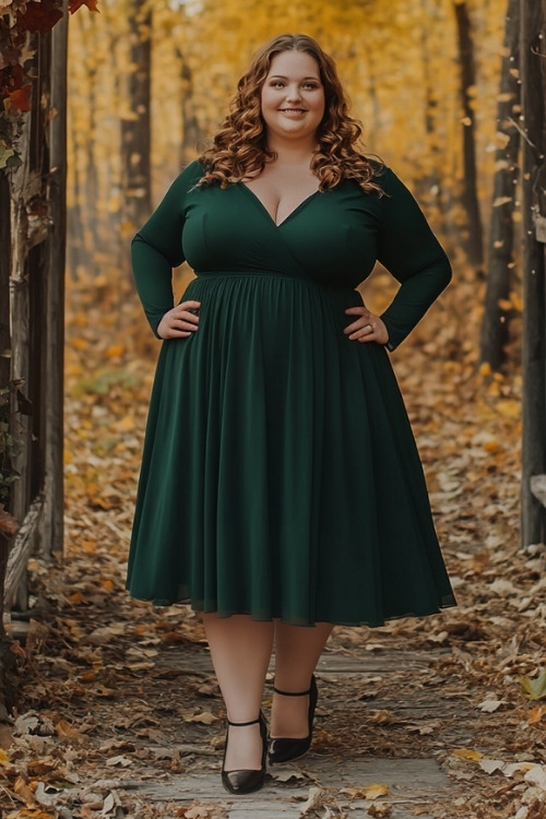 a plus size woman wears a deep green wedding guest dress with black heels