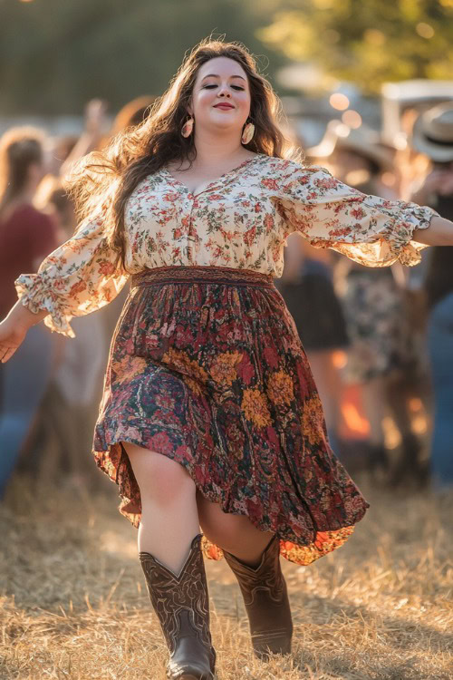 a plus size woman wears a floral blouse, a dark skirt and brown cowboy boots