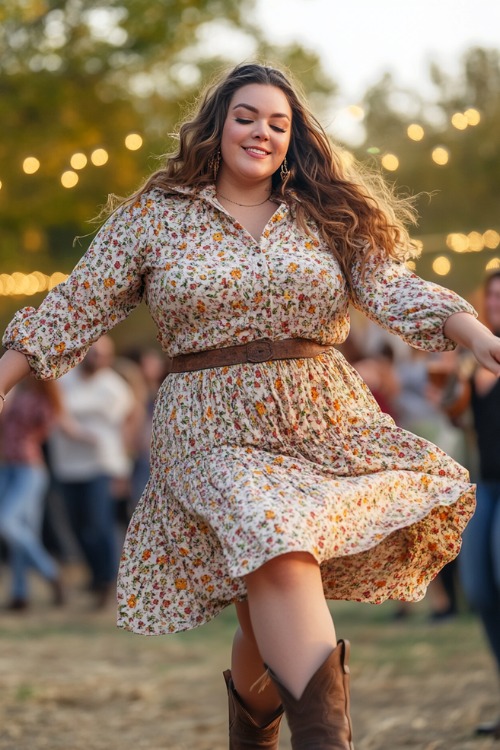 a plus size woman wears a floral dress with brown cowboy boots and a brown belt