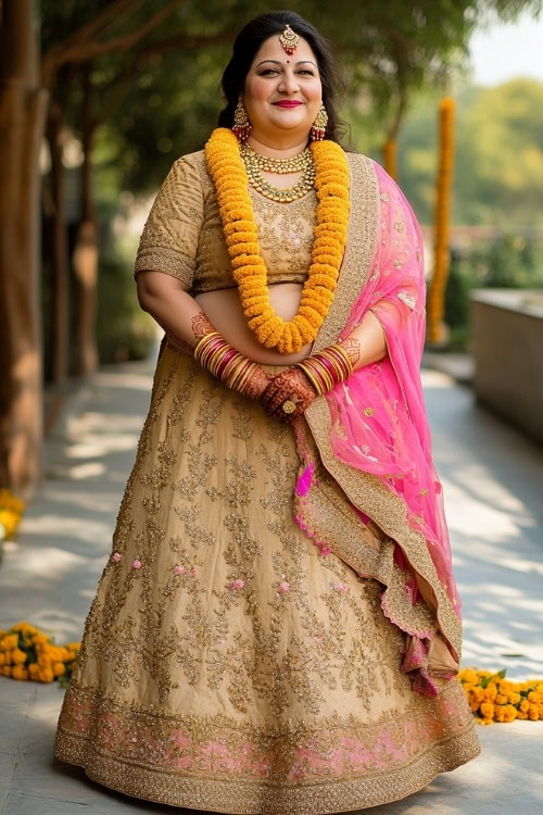 a plus size woman wears a gold lehenga as wedding guest dress and a matching dupatta