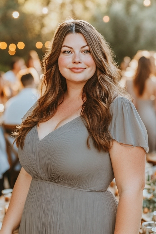 a plus size woman wears a gray V neck wedding guest dress with flutter sleeves