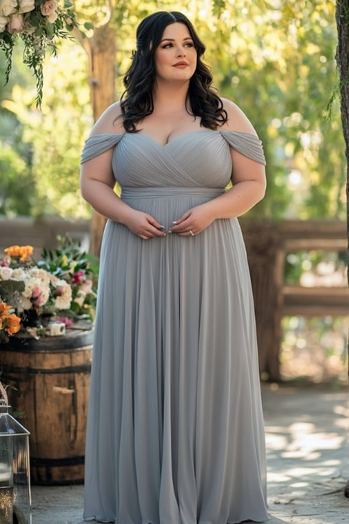 a plus size woman wears a gray off the shoulder wedding guest dress