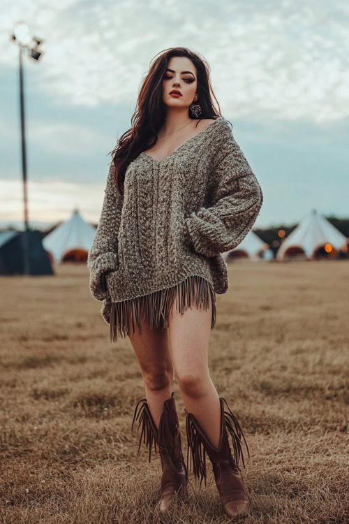 a plus size woman wears a gray sweater dress with fringe brown cowboy boots