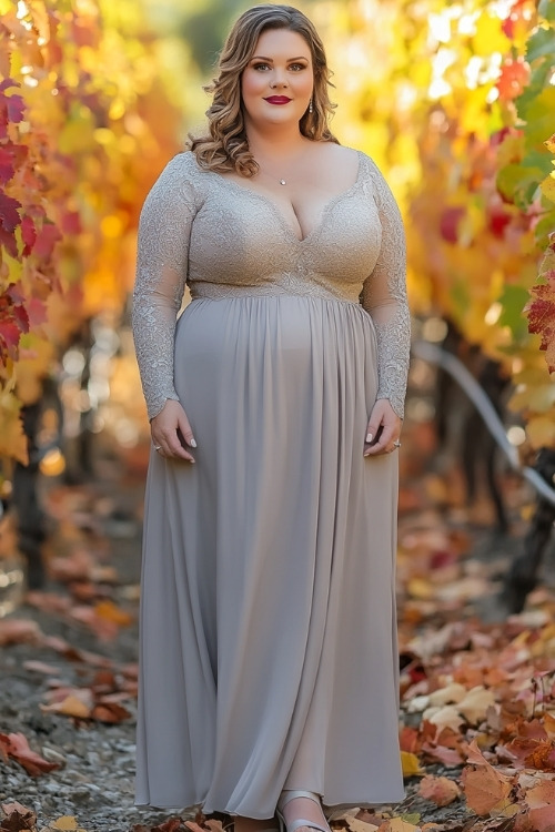 a plus size woman wears a gray wedding guest dress with a lace bodice and sleeves and matching heels