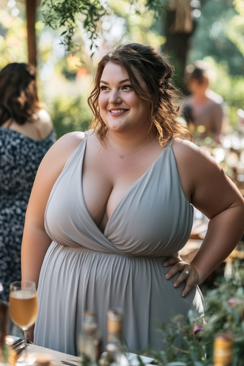 a plus size woman wears a gray wrap style wedding guest dress with a plunging neckline