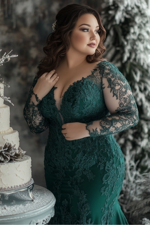 a plus size woman wears a green lace wedding guest dress with lace sheer sleeves