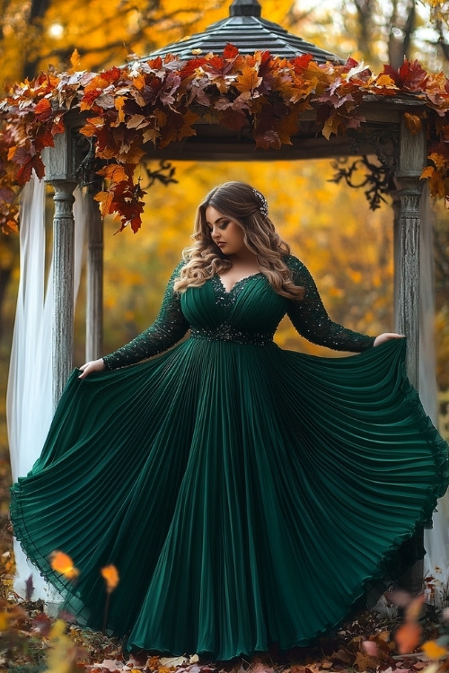 a plus size woman wears a green lace wedding guest dress with long sleeves