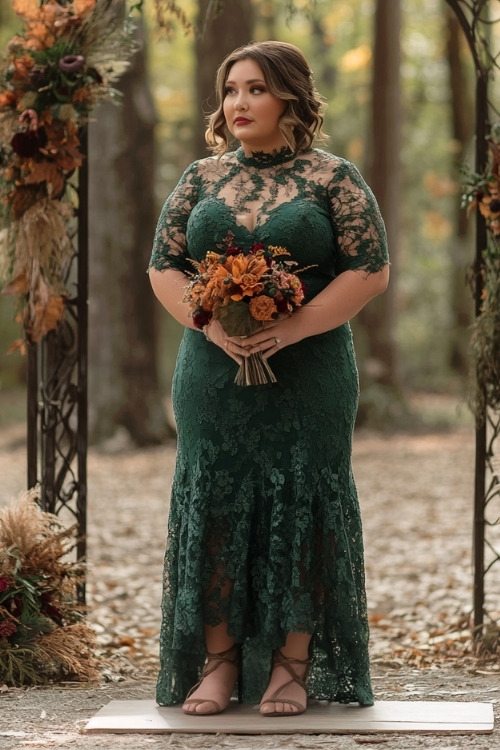 a plus size woman wears a green lace wedding guest dress with sheer sleeves and brown strappy heels