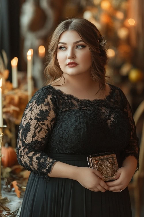 a plus size woman wears a green lace wedding guest dress with sheer sleeves