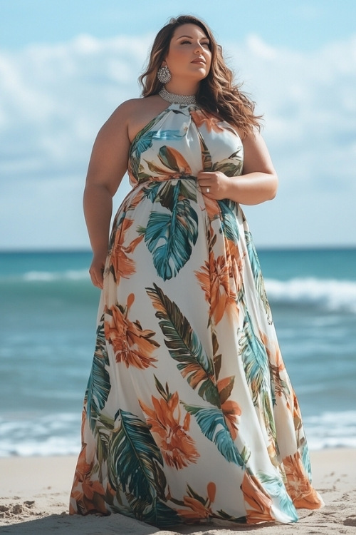 a plus size woman wears a halter wedding guest dress with tropical prints