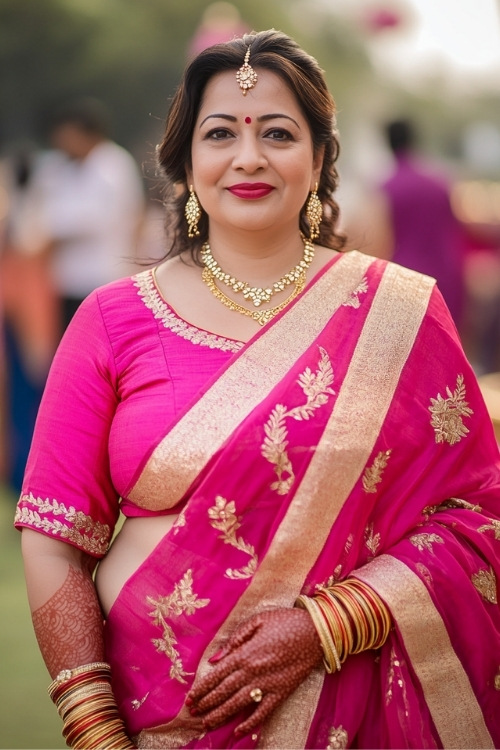 a plus size woman wears a hot pink lehenga as wedding guest dress with a matching dupatta