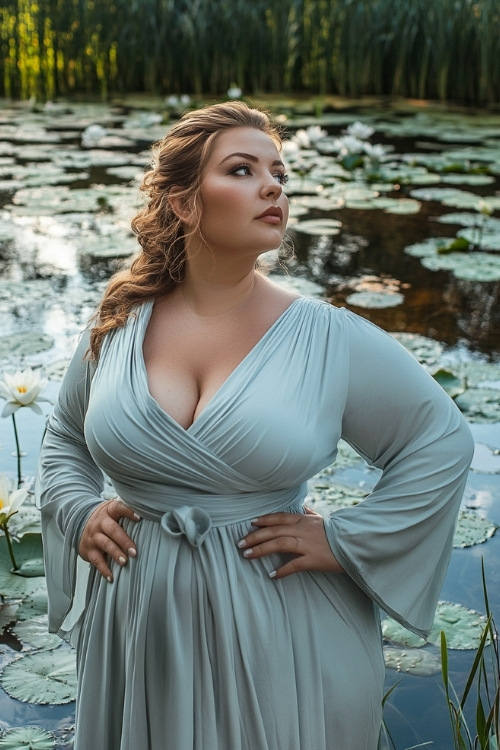 a plus size woman wears a light blue wrap style wedding guest dress with wide sleeves