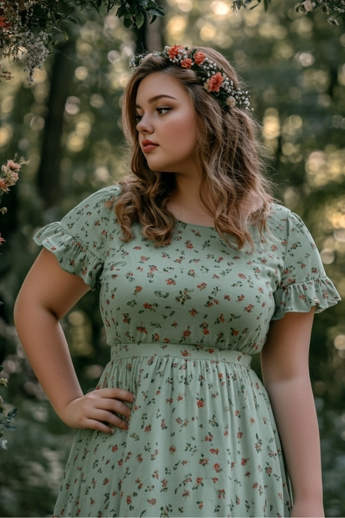 a plus size woman wears a light green wedding guest dress with short ruffled sleeves