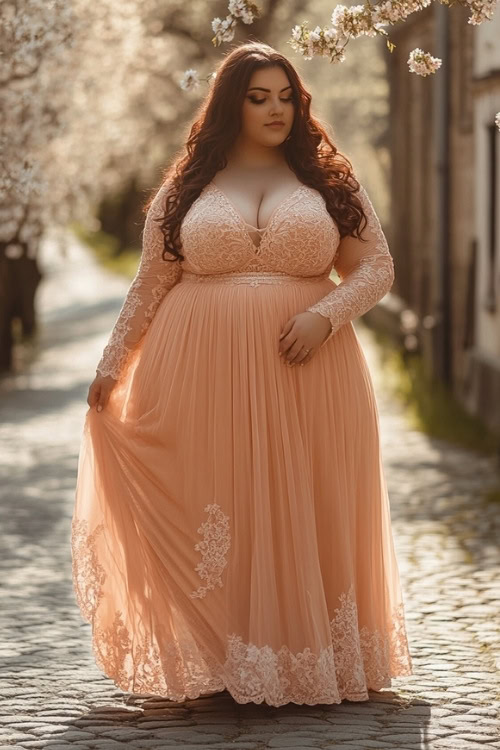 a plus size woman wears a light orange wedding guest dress with lace bodie and sleeves