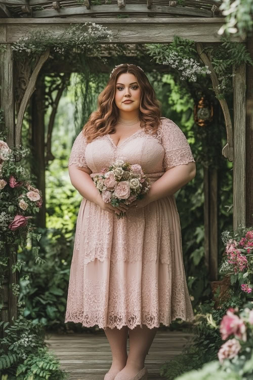 a plus size woman wears a light pink lace wedding guest dress with short sleeves