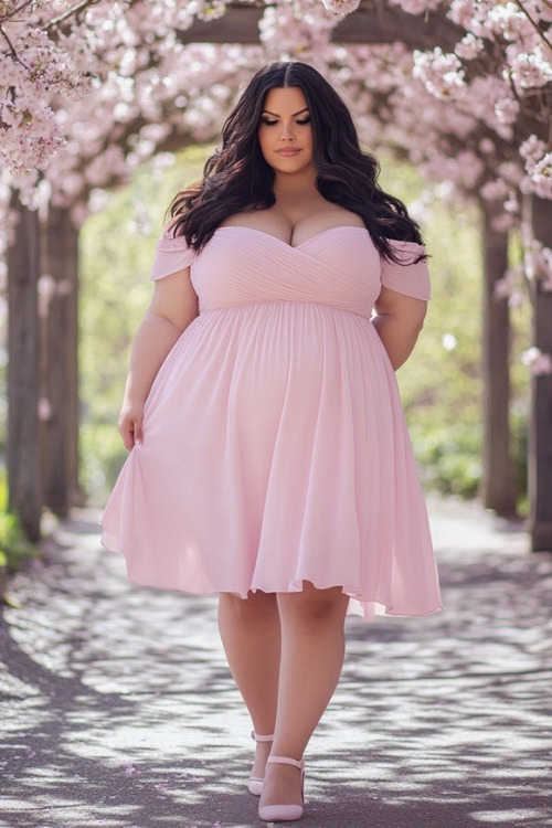 a plus size woman wears a light pink wedding guest dress with matching heels