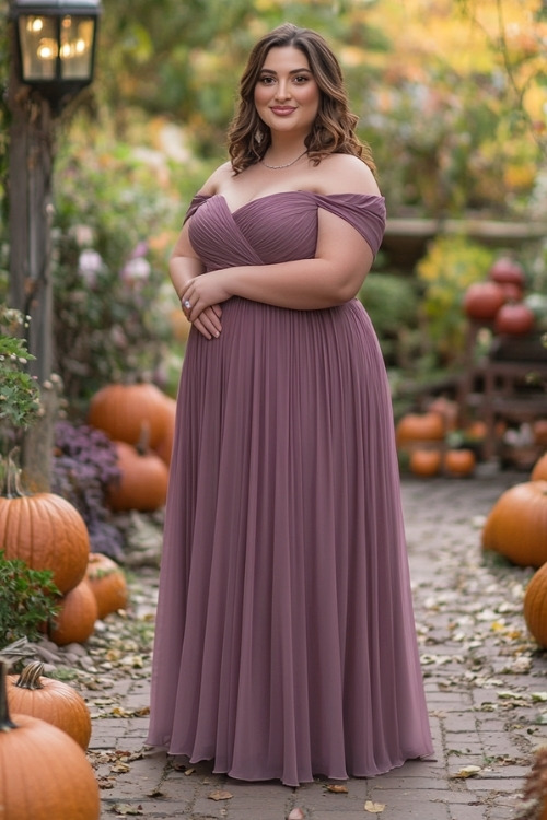 a plus size woman wears a light purple wedding guest dress with short sleeves