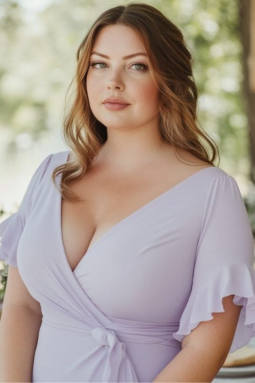 a plus size woman wears a lilac wrap-style wedding guest dress with flutter sleeves