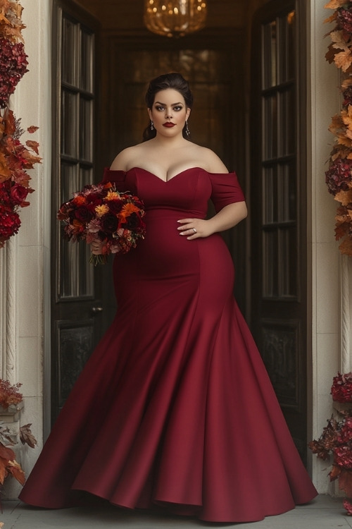 a plus size woman wears a maroon wedding guest dress with an off shoulder design