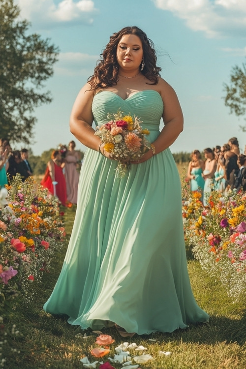 a plus size woman wears a mint strapless wedding guest dress