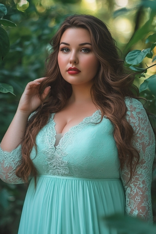 a plus size woman wears a mint wedding guest dress with lace sleeves (2)