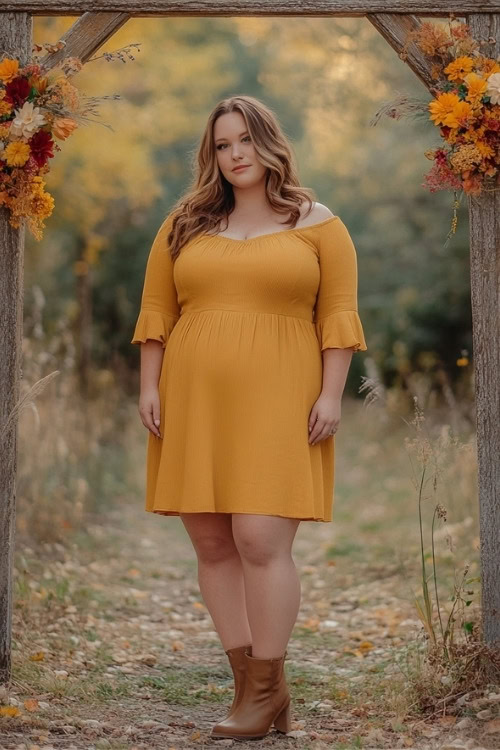 a plus size woman wears a mustard wedding guest dress with brown ankle boots