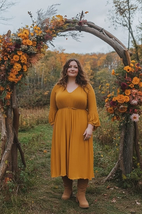 a plus size woman wears a mustard wedding guest dress with brown cowboy boots