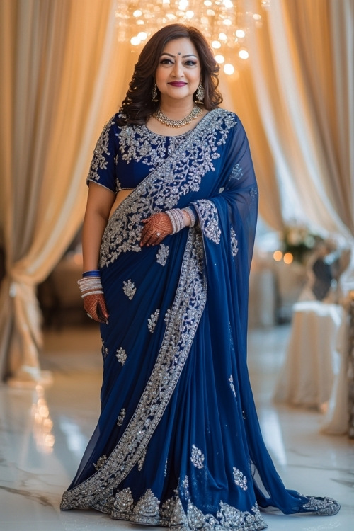 a plus size woman wears a navy blue lehenga as wedding guest dress with a matching dupatta