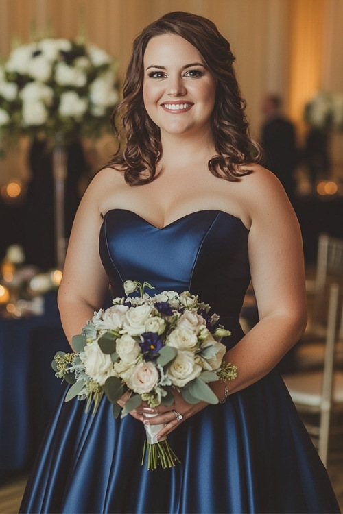 a plus size woman wears a navy blue strapless satin wedding guest dress (2)