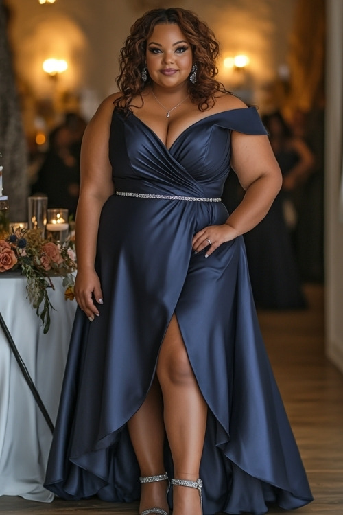 a plus size woman wears a navy blue wrap style wedding guest dress with silver heels