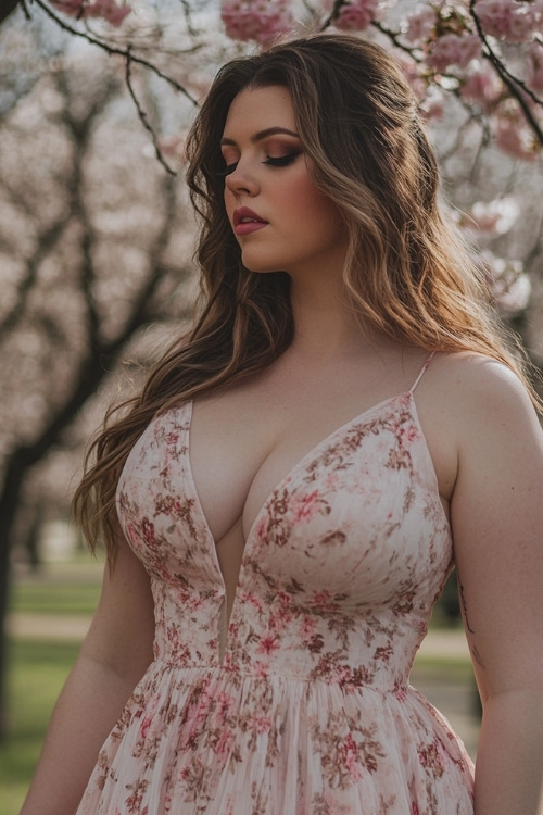 a plus size woman wears a pink floral wedding guest dress with a deep V neckline