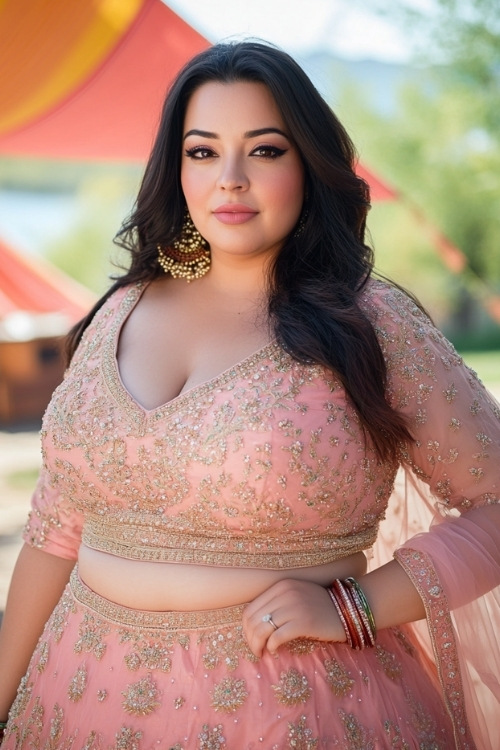 a plus size woman wears a pink lehenga as wedding guest dress and a matching dupatta