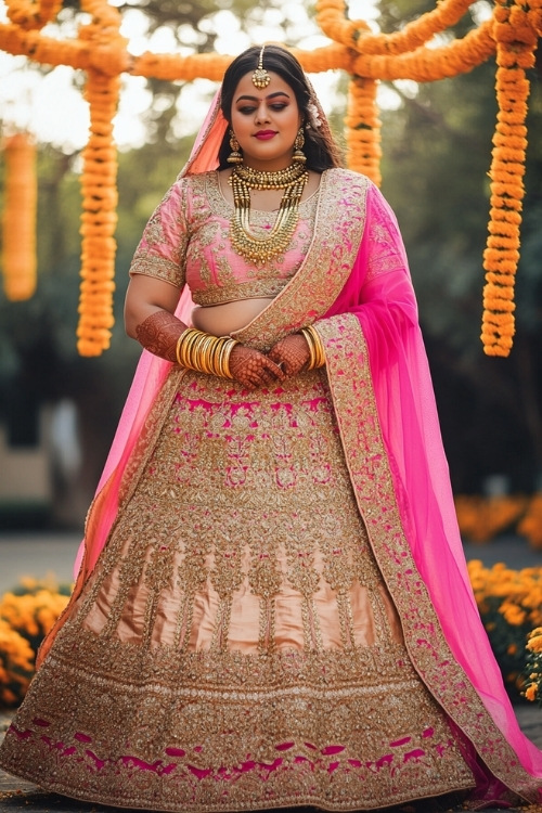 a plus size woman wears a pink lehenga as wedding guest dress and a pink dupatta