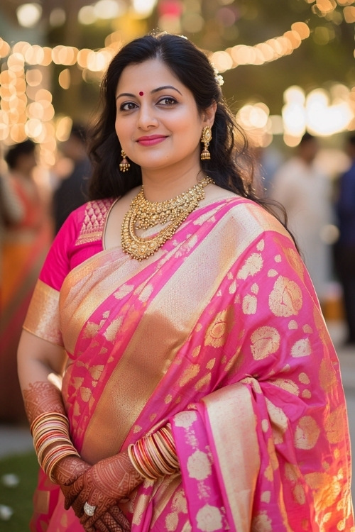 a plus size woman wears a pink lehenga as wedding guest dress with a matching dupatta