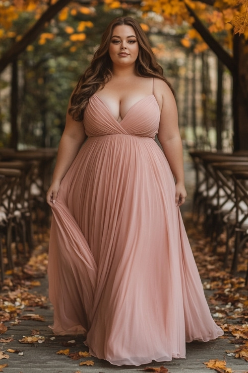 a plus size woman wears a pink wedding guest dress with spaghetti straps