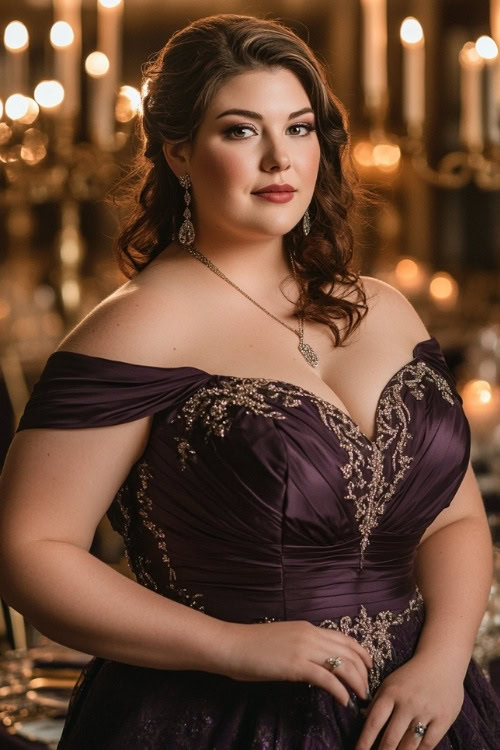 a plus size woman wears a plum off the shoulder wedding guest dress with gold lace applique