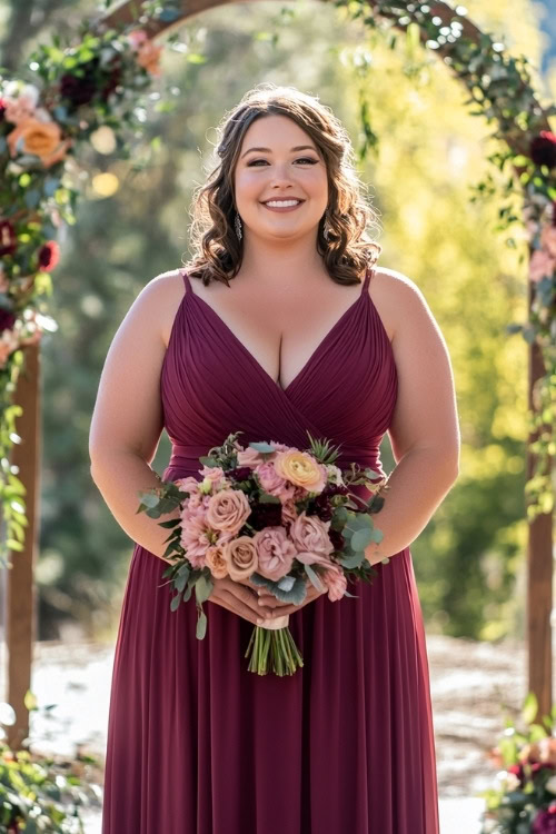 a plus size woman wears a plum wedding guest dress and thin straps (2)