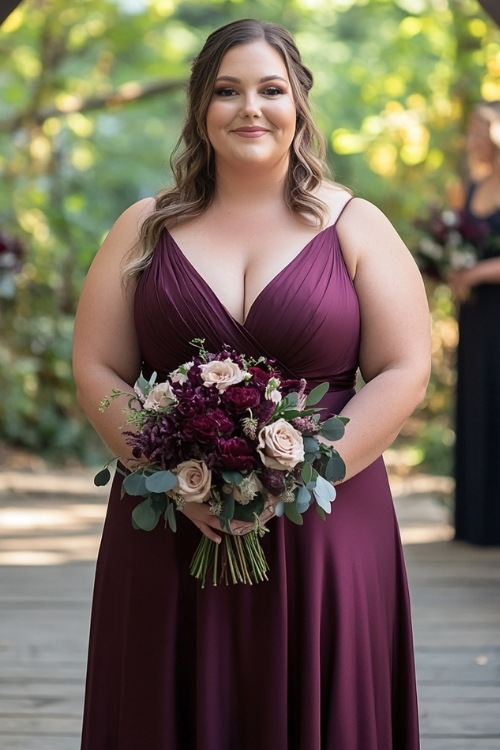 a plus size woman wears a plum wedding guest dress and thin straps