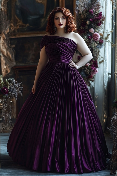 a plus size woman wears a plum wedding guest dress with a one shoulder design