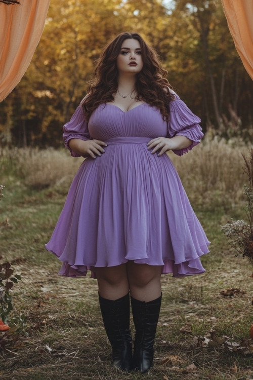 a plus size woman wears a purple lace wedding guest dress with black boots